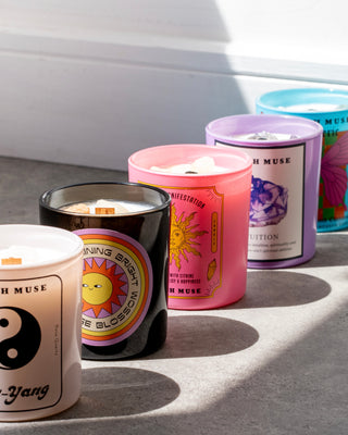 A row of North Muse candles in various colorful jars, including black, pink, purple, and blue, each with distinct designs and labels, placed on a gray surface with sunlight streaming in.