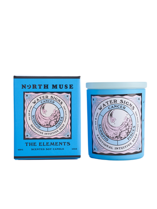 North Muse 'Water Signs' candle and box set in blue, featuring Cancer, Scorpio, and Pisces zodiac signs.